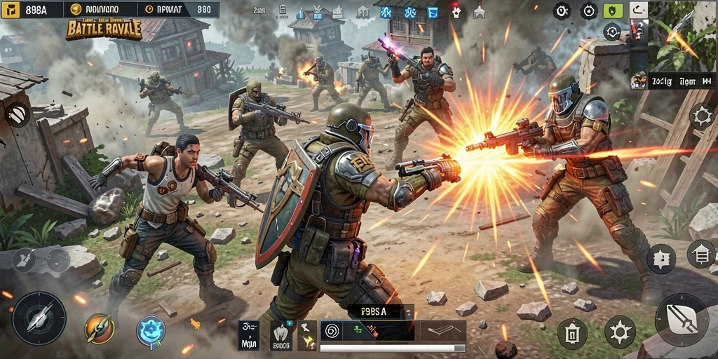 Screenshot gameplay 898A menampilkan aksi pertempuran Battle Royale yang seru.