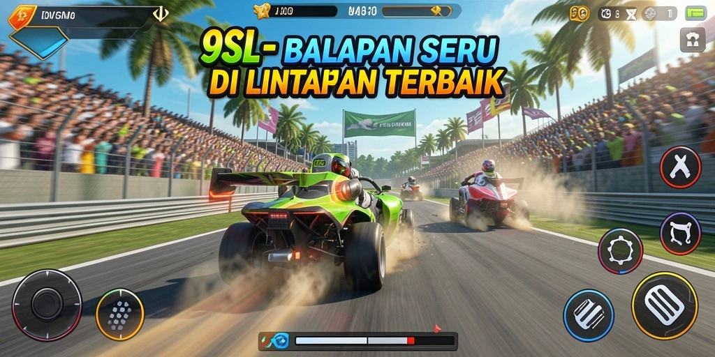 Screenshot gameplay 9SL dengan aksi balapan yang seru.