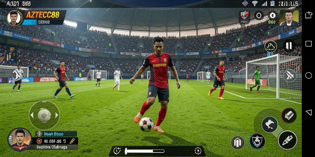 Tampilan gameplay menegangkan dalam AZTEC88 dengan aksi sepak bola yang seru.