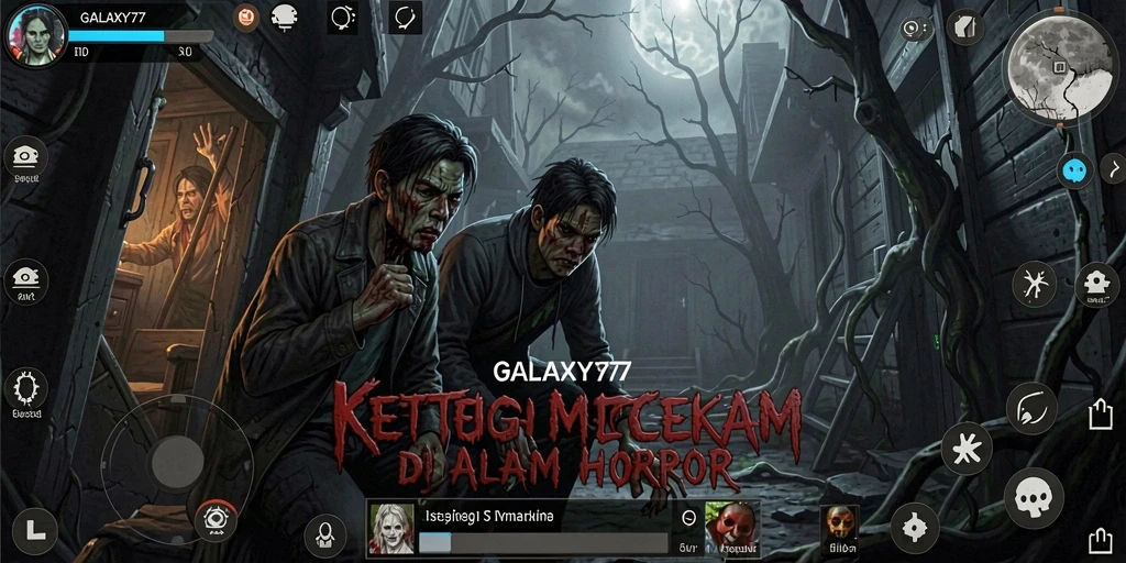 Screenshot gameplay GALAXY77 dengan suasana horror yang mencekam.