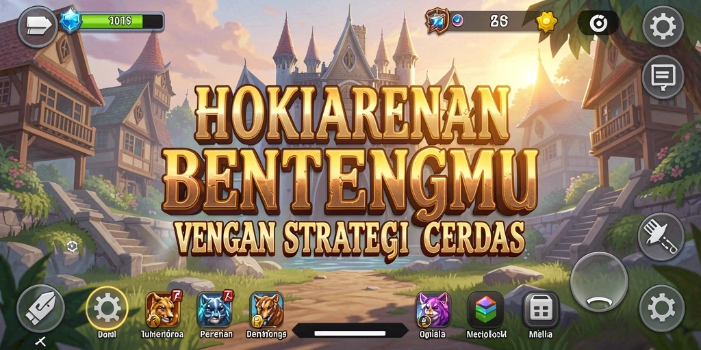 Screenshot gameplay HOKIARENA menampilkan menara dan musuh yang beragam.