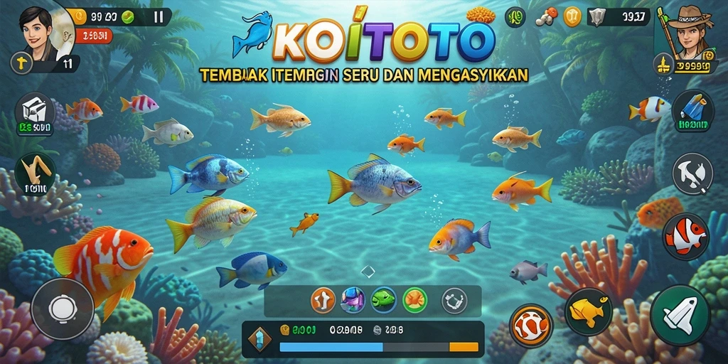 Tampilan gameplay seru di KOITOTO dengan berbagai ikan untuk ditembak.