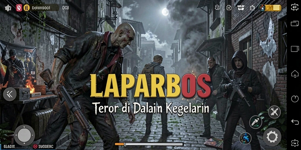 Screenshot menampilkan suasana gelap dan mencekam dari gameplay LAPARBOS.