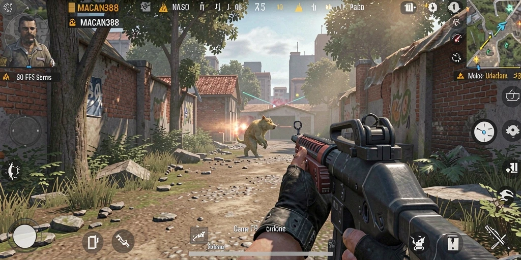 Screenshot gameplay <strong>MACAN388</strong> menampilkan aksi menembak yang mendebarkan.