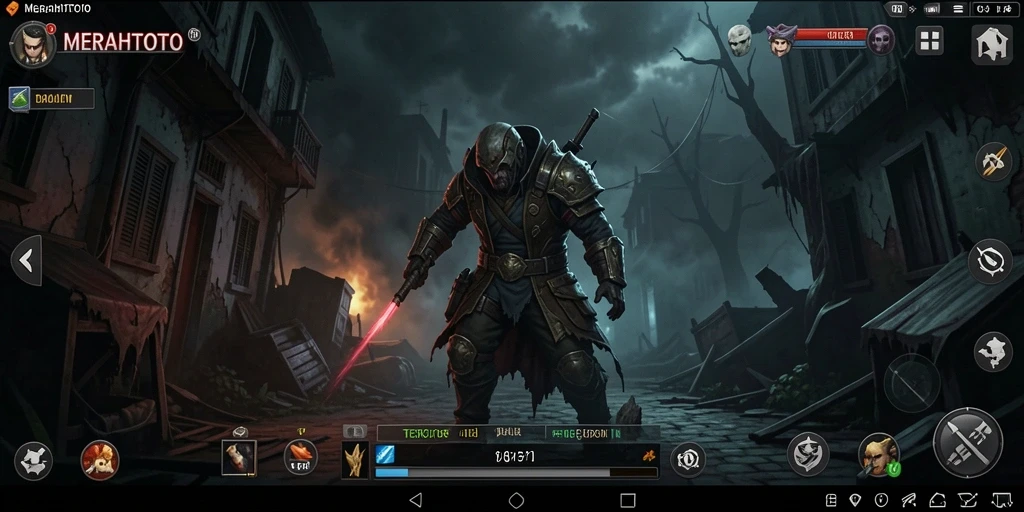 Screenshot utama MERAHTOTO menampilkan gameplay kegelapan yang menyeramkan.