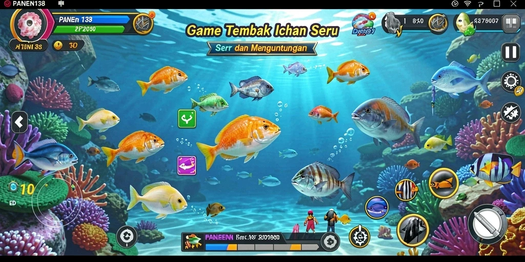Tampilan gameplay <strong>PANEN138</strong> saat menembak ikan yang berwarna-warni.