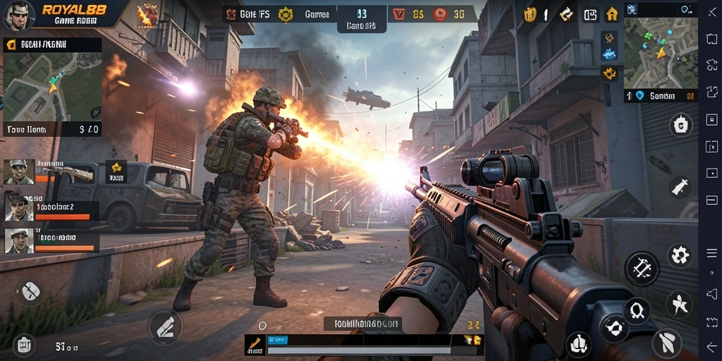 Tampilan gameplay seru dalam ROYAL88, menunjukkan aksi tembak menembak yang intens.